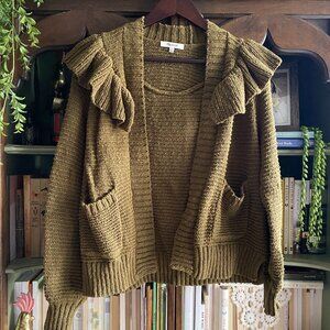 Madewell Olive Green Ruffle Collar Knit Cardigan Sweater Size S
